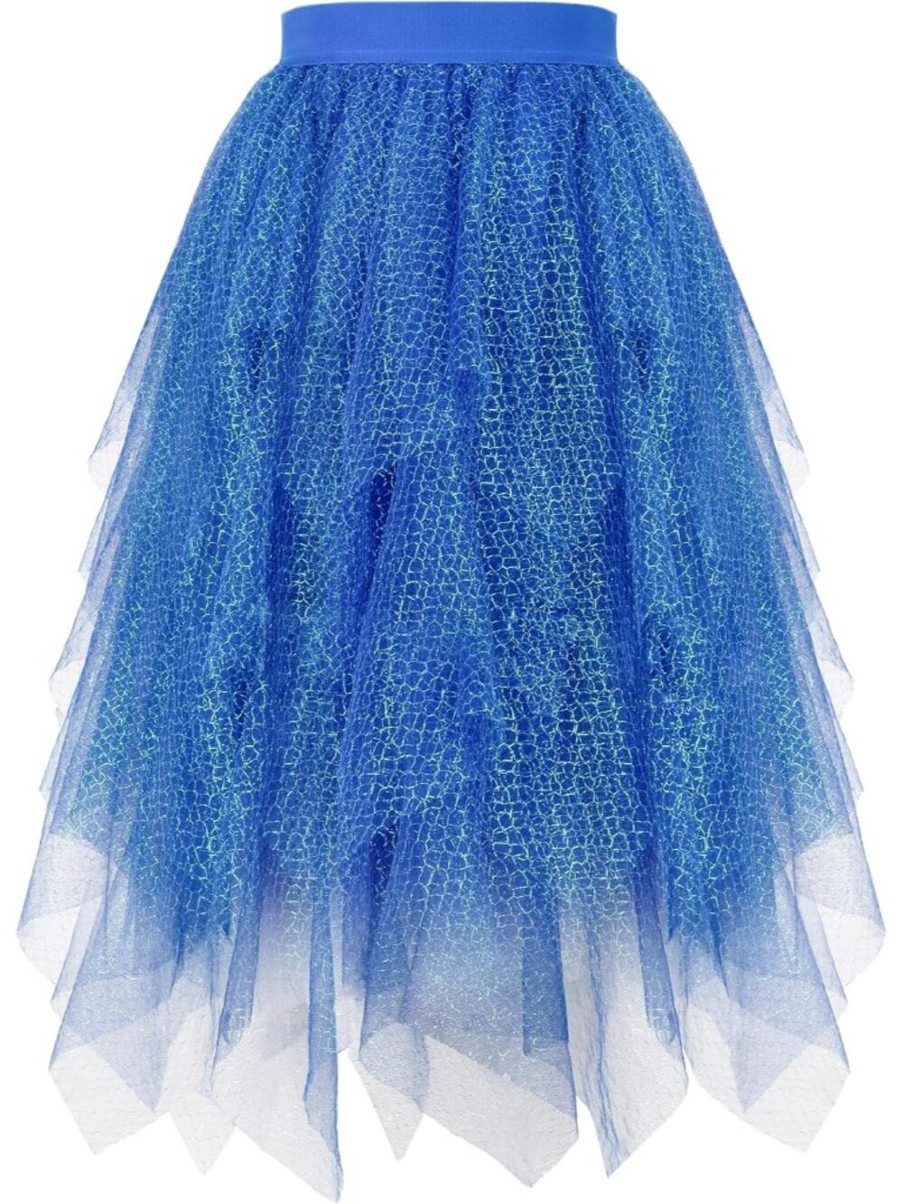 Women Blue Sparkly High Layered Asymmetrical Puffy Fairy Midi Length Tulle Skirt